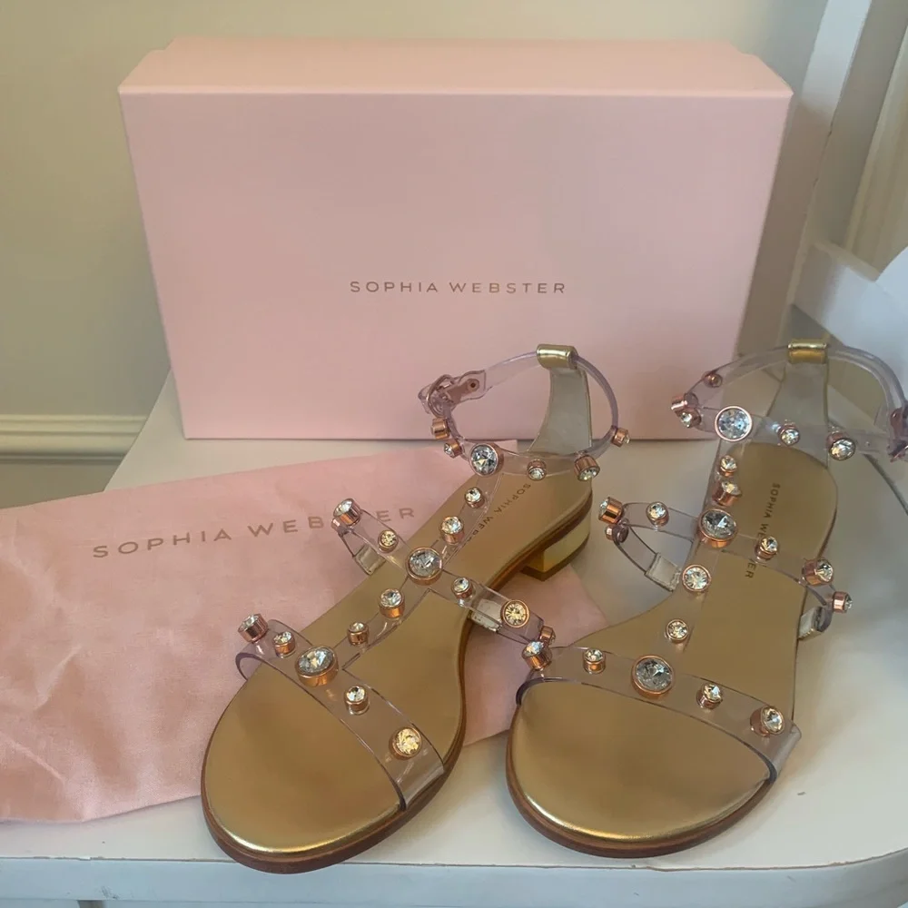 Sophia Webster Dina Flat Sandal Gold Silver rhinestone jelly Sz 39 NEW w/ box - Picture 5 of 16